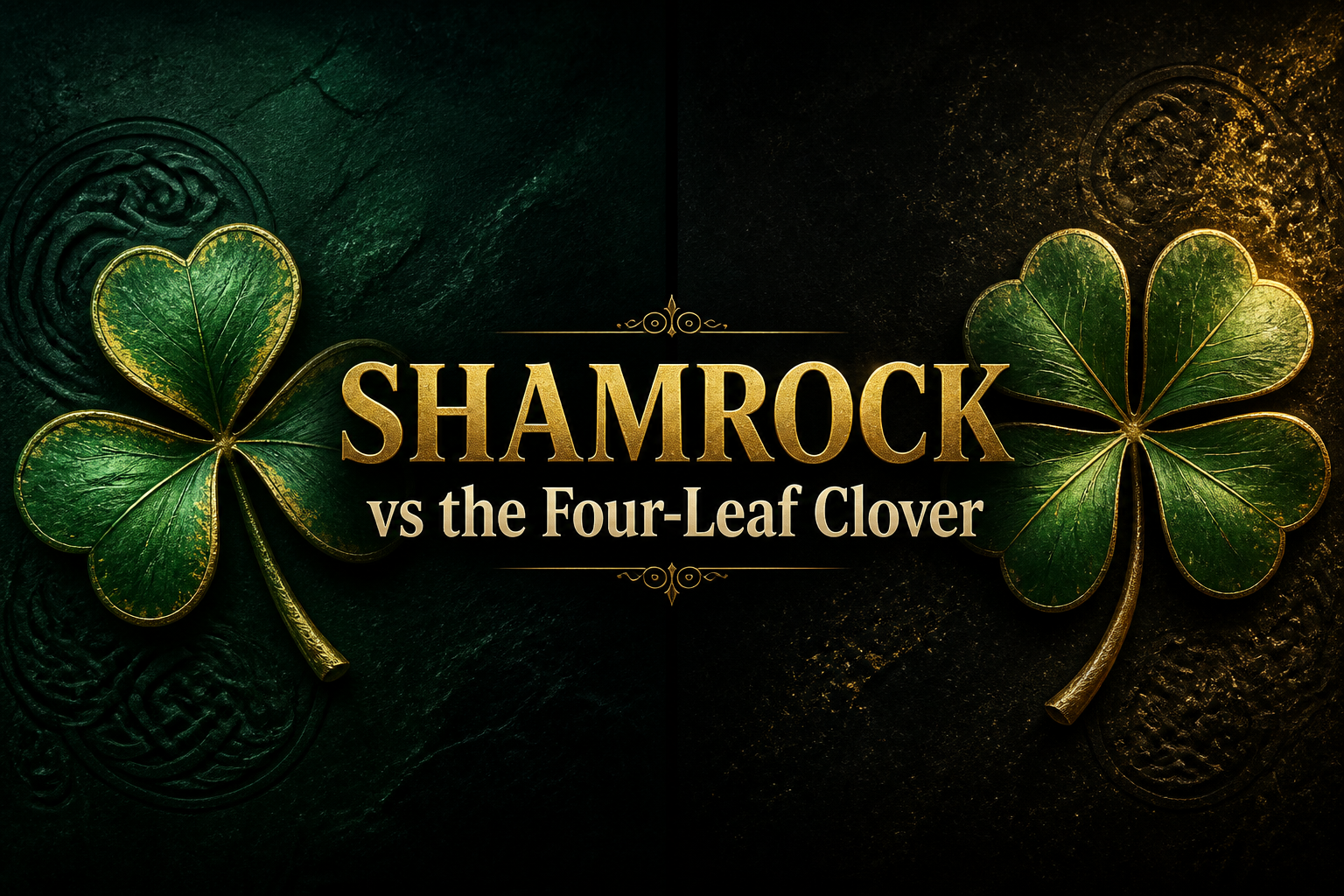 A three-leaf shamrock and a four-leaf clover side by side in green and gold on a dark split background