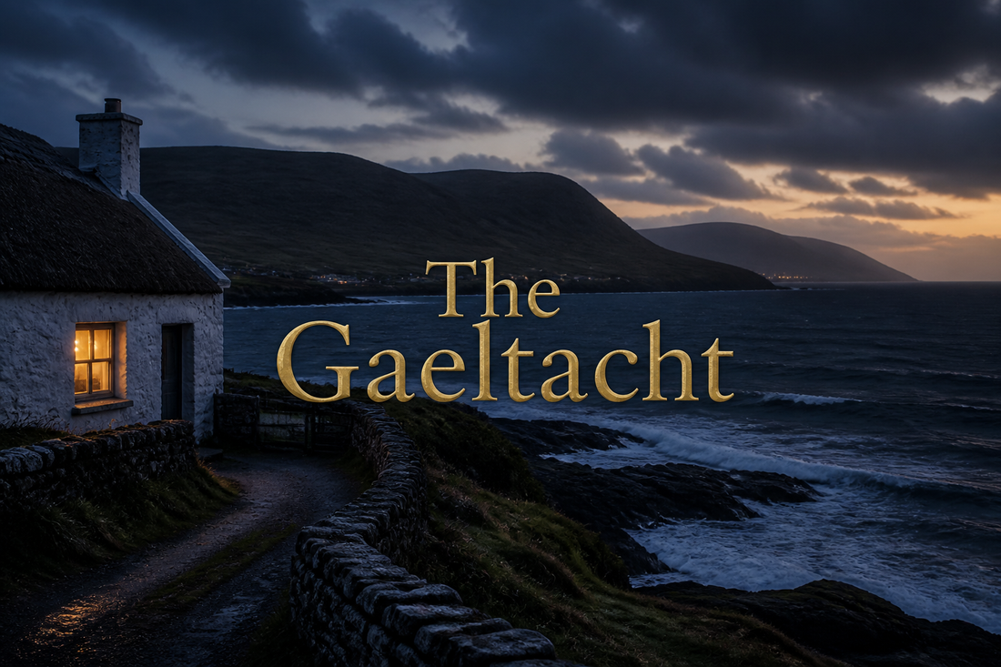 Whitewashed Irish cottage with a glowing window on a rugged Atlantic coast at twilight, evoking Ireland's Gaeltacht heartland