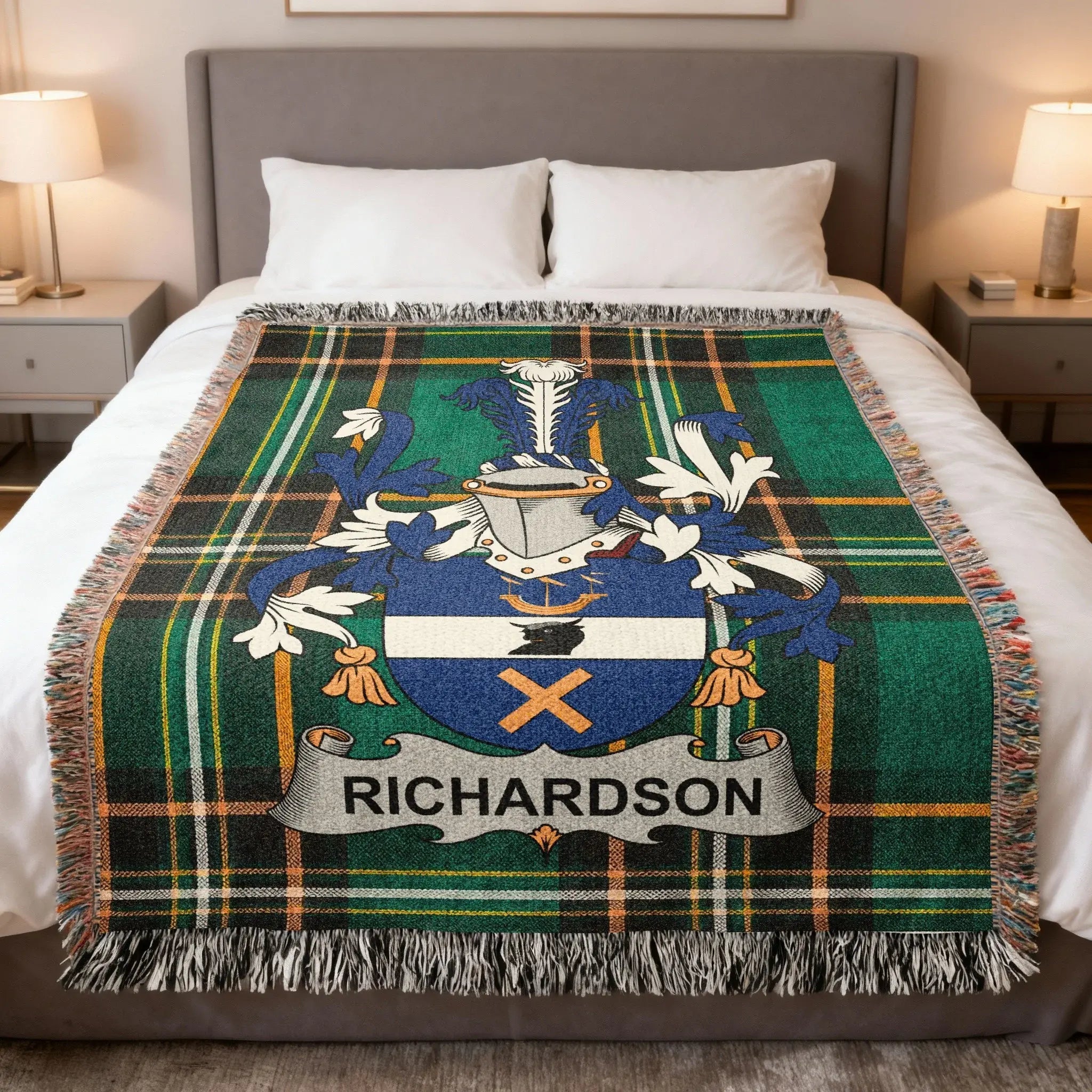 Richardson Irish family crest woven blanket with the Irish national tartan