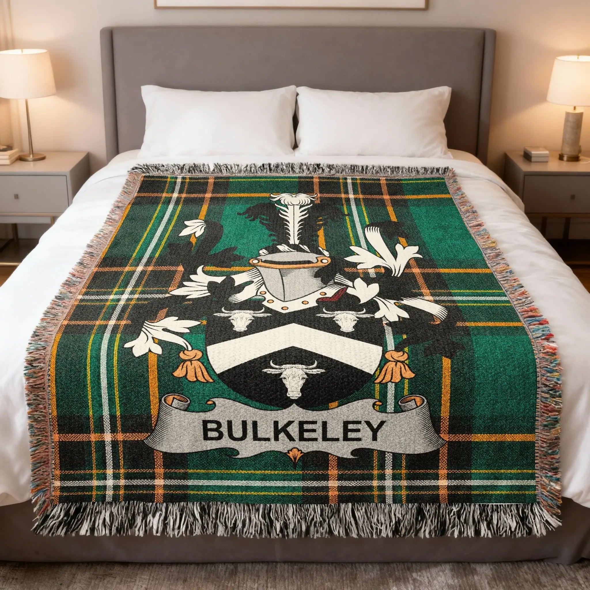 Bulkeley Irish heritage woven blanket featuring a family crest design