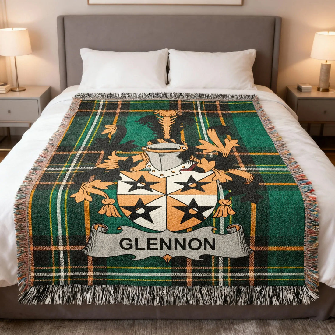 Glennon Irish family crest woven blanket from Celtic Ancestry Gifts