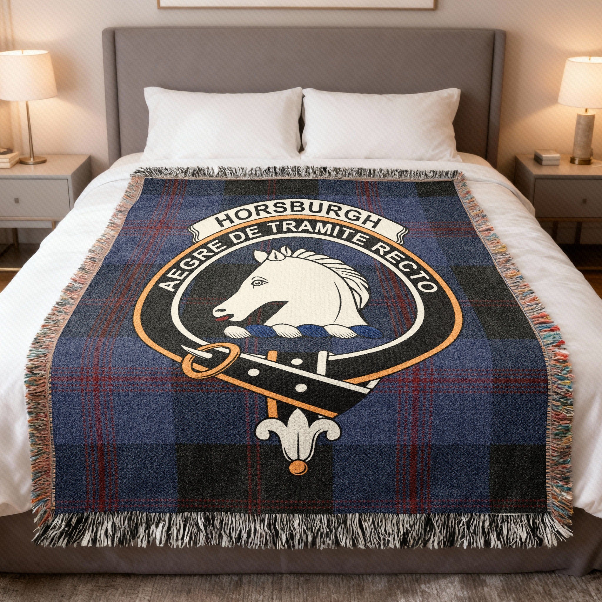 Clan Horsburgh tartan woven blanket — celebrating the history, motto, and Peeblesshire origins of the Horsburgh family of Scotland