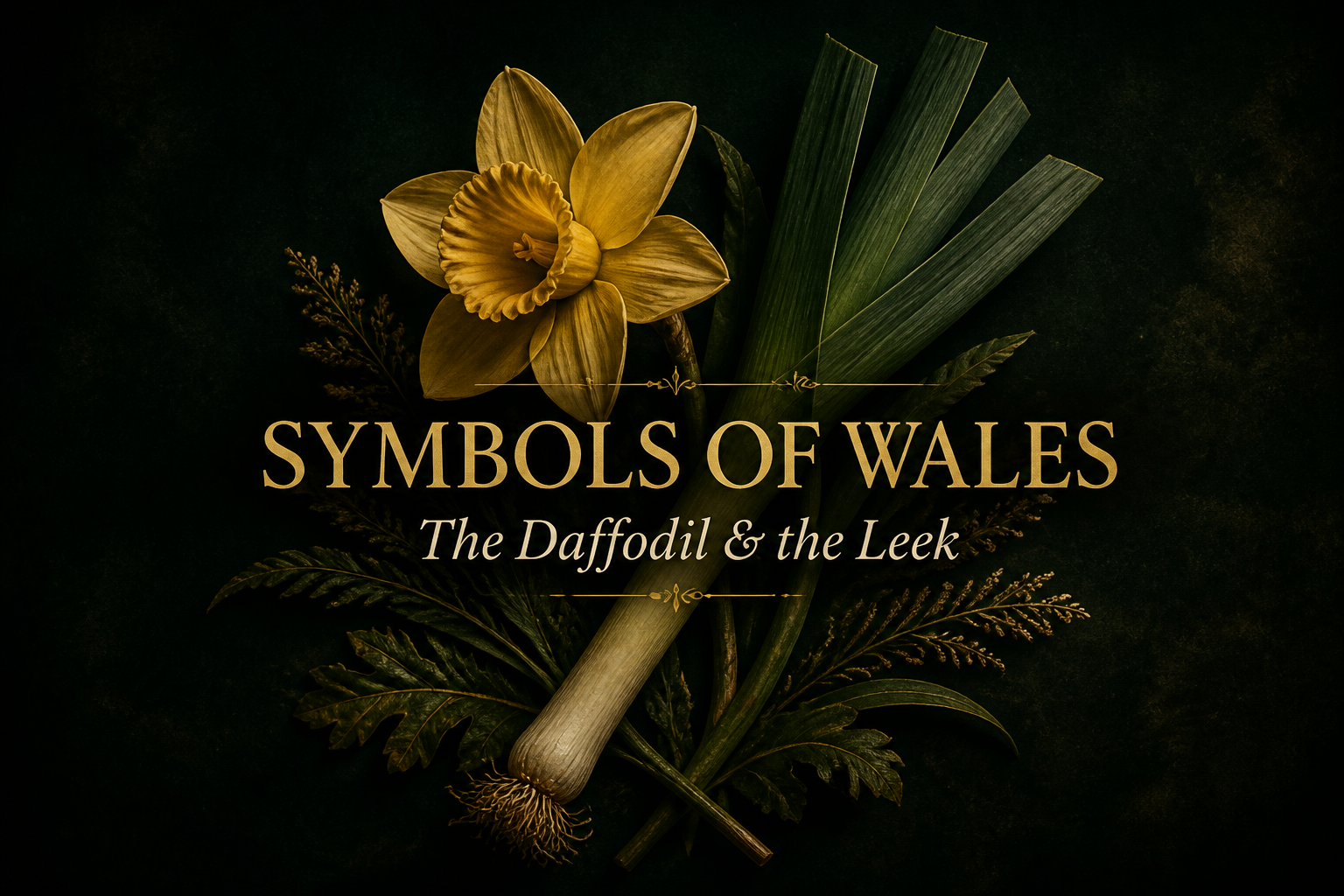 A golden daffodil and a green leek crossed together, the national symbols of Wales, on a dark background