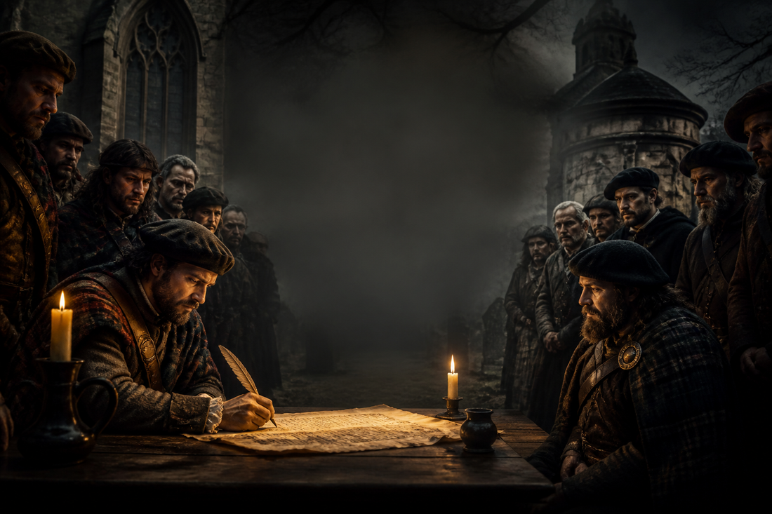 Scots gathered by candlelight over a document, evoking the signing of the National Covenant in 1638.