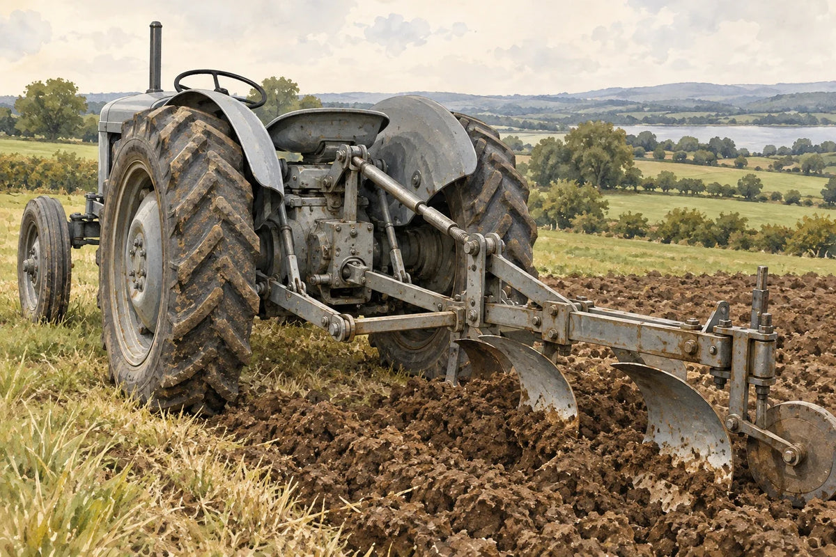 Original interpretive illustration of a grey tractor and implement linkage in a field; not an exact model reconstruction