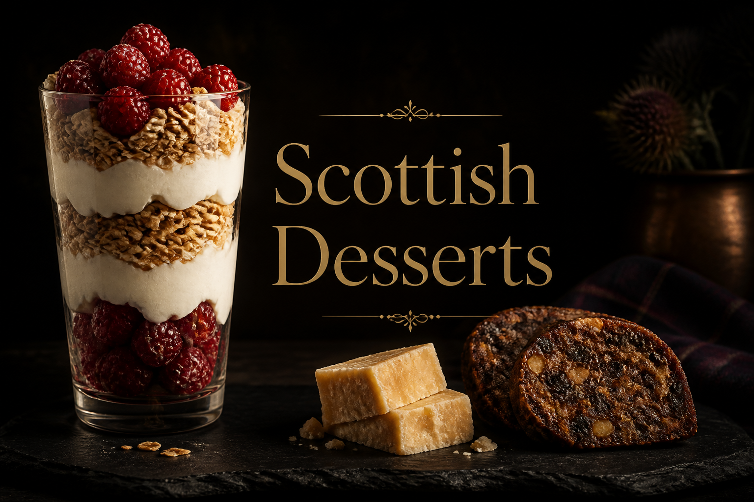 Tall glass of layered cranachan with raspberries beside pale tablet and dark clootie dumpling on slate, classic Scottish desserts