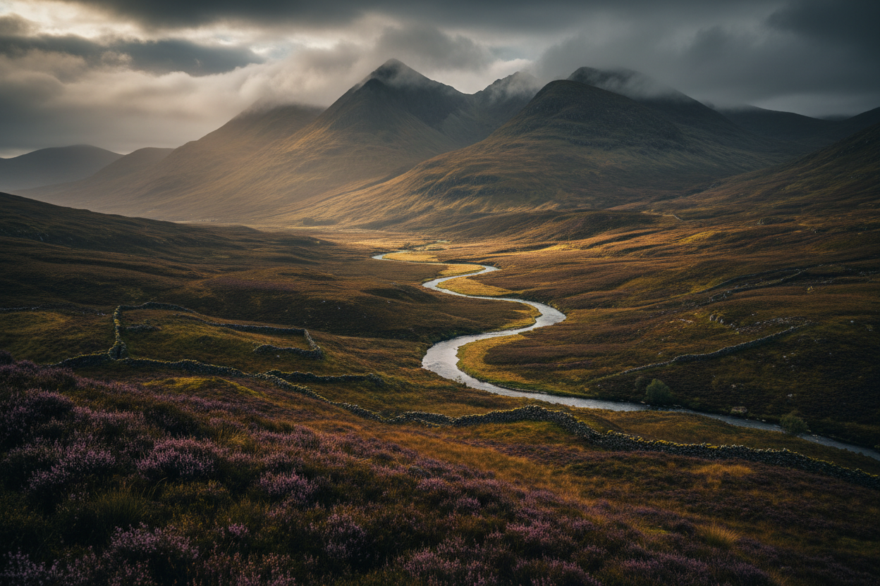 Sweeping Scottish Highland landscape with heather-covered moorland, mountains and dramatic skies — the natural environment that shaped the origin and colours of Scottish clan tartans