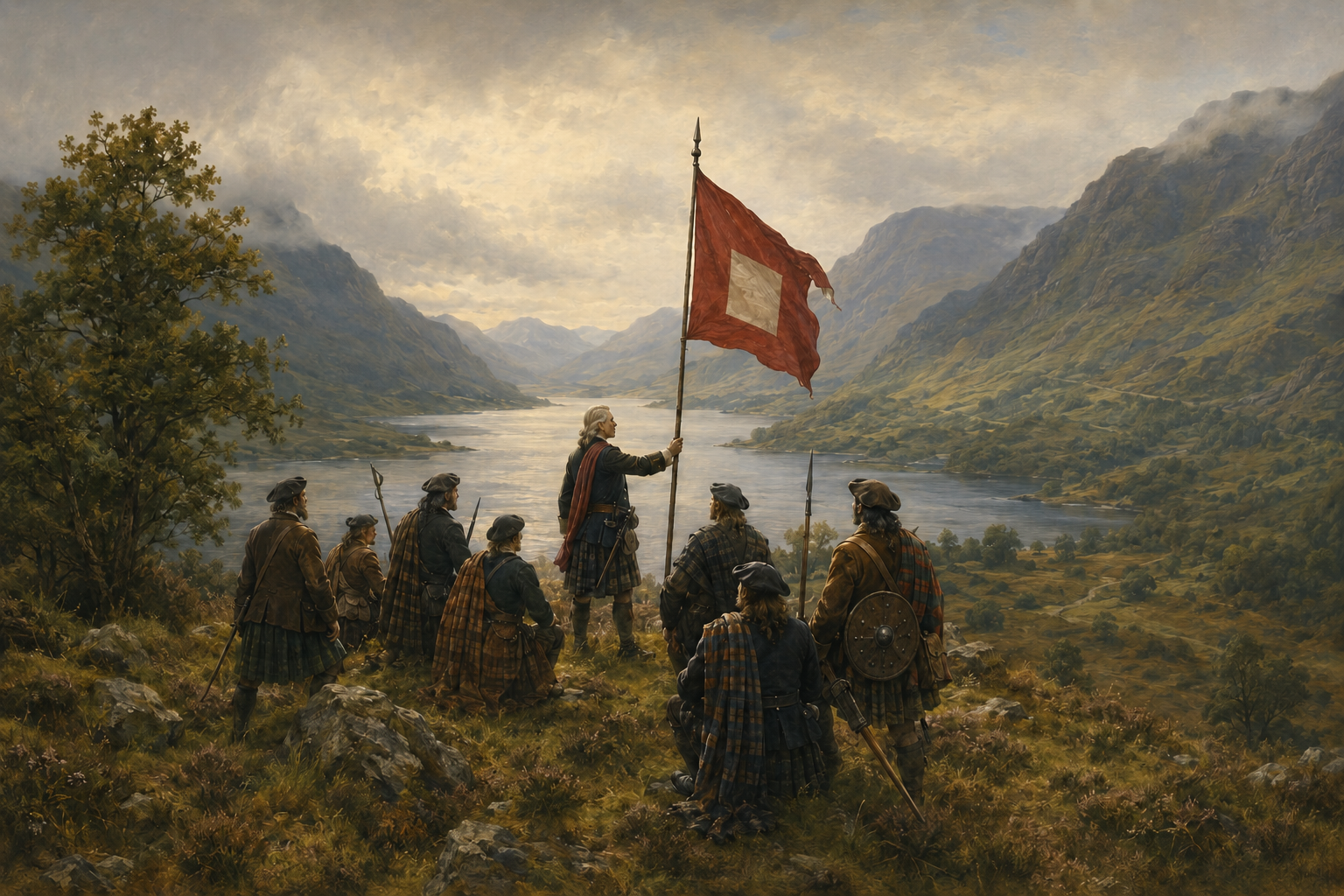 Symbolic editorial reconstruction of the red and white Jacobite standard raised at Glenfinnan on 19 August 1745