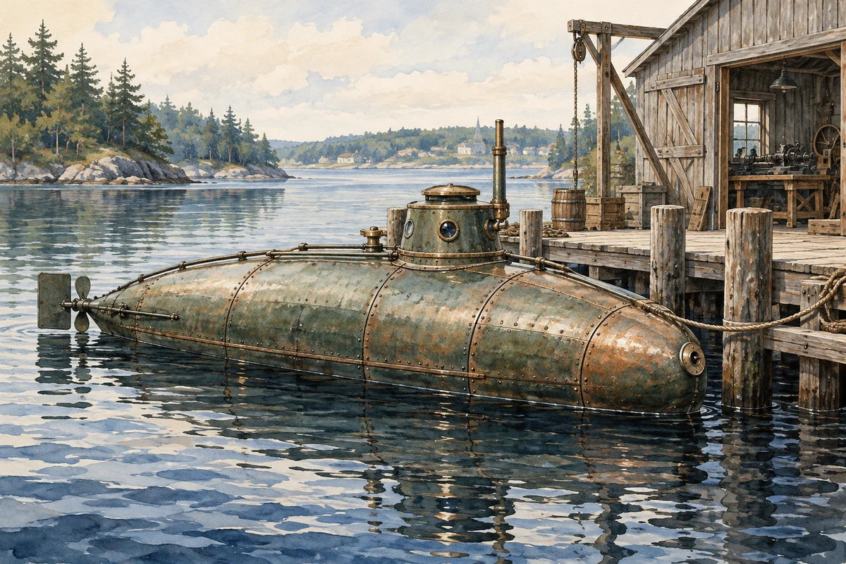 Original interpretive illustration of an early submarine at a workshop dock; not an exact reconstruction of Holland VI