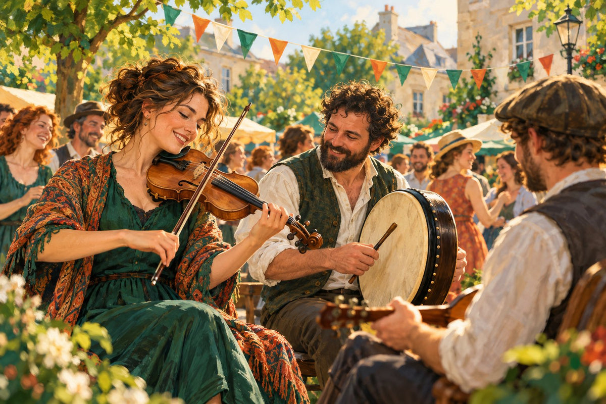 AI-generated illustration of traditional Irish musicians playing fiddle and bodhrán at a welcoming outdoor cultural festival.