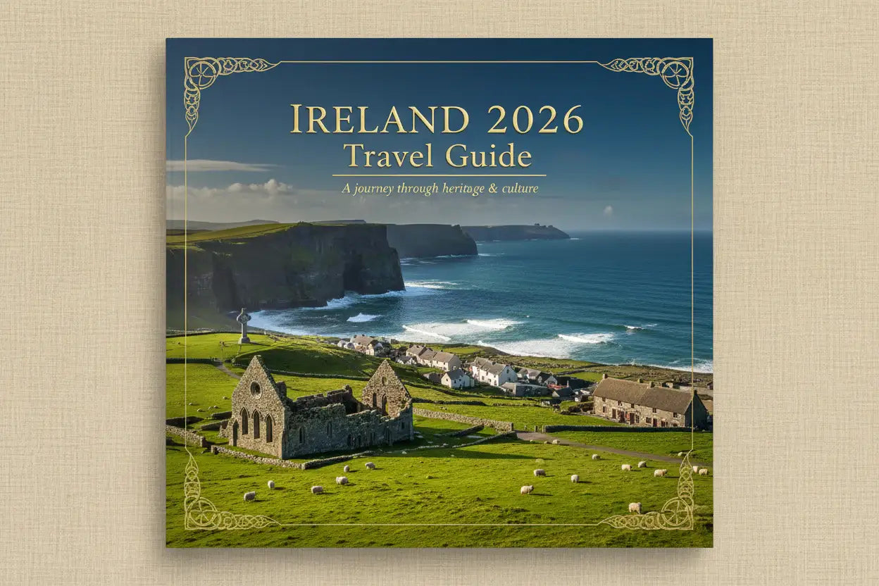 Ireland 2026 travel guide cover with coastal cliffs, ruins, and sheep in green fields