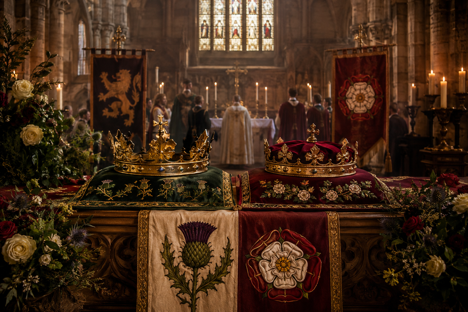 Symbolic editorial reconstruction of the 1503 marriage of James IV and Margaret Tudor at Holyrood Abbey, with Scottish thistle and Tudor rose