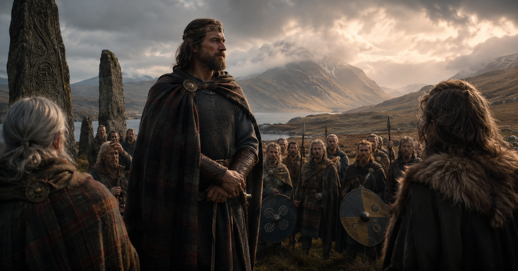 Kenneth MacAlpin standing among Pictish stones in the Scottish Highlands, symbolizing the birth of Alba, early Scottish royalty, and the union of Picts and Gaels around 843
