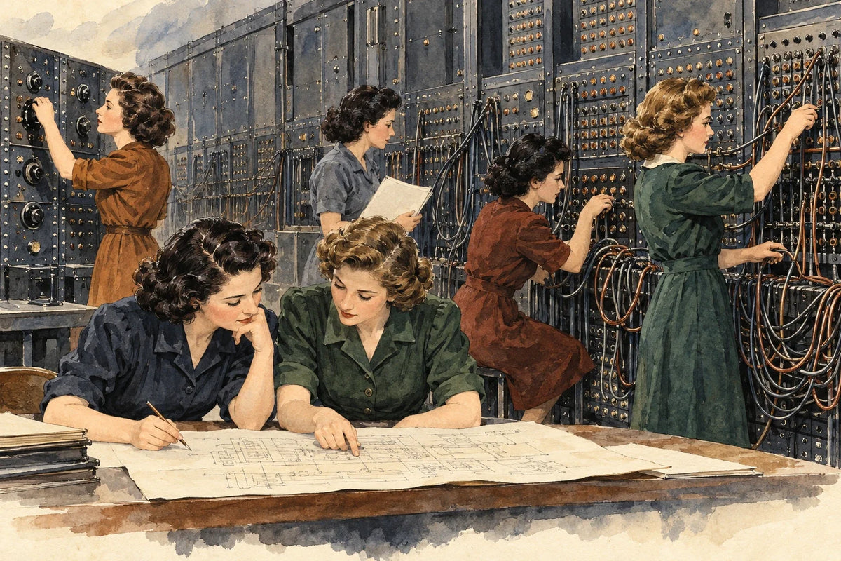 Interpretive illustration of six women collaborating on early electronic programming; not portraits or an archival scene