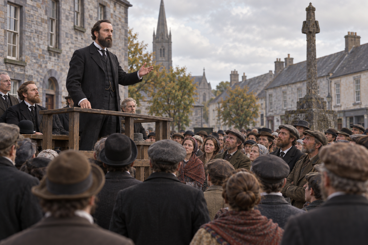 Interpretive reconstruction of Charles Stewart Parnell addressing a public meeting in Ennis on 19 September 1880