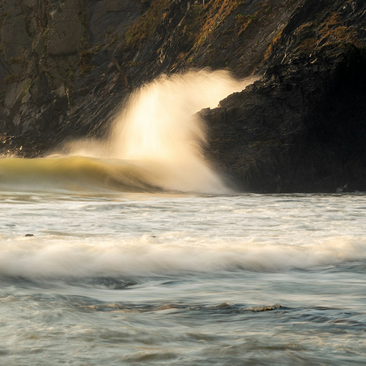 Breaking waves during a late summer storm on the Pembrokeshire Coast Wales – ancient coastline of Welsh heritage and genealogical roots