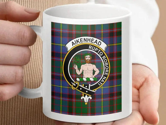 White mug with Aikenhead Scottish tartan crest featuring a bearded man and clan motto
