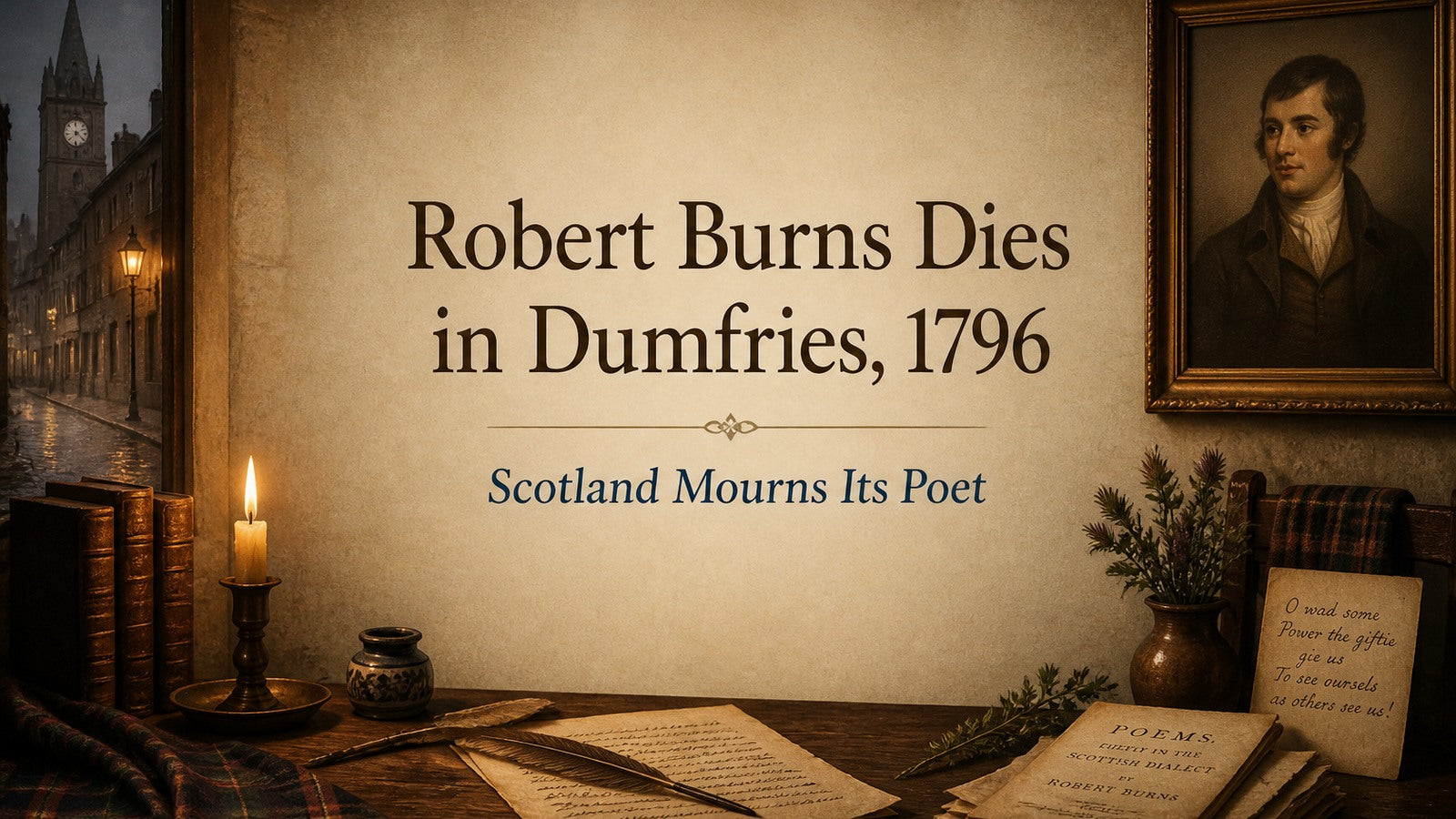 Candlelit writing desk in Dumfries commemorating the death of Robert Burns in 1796