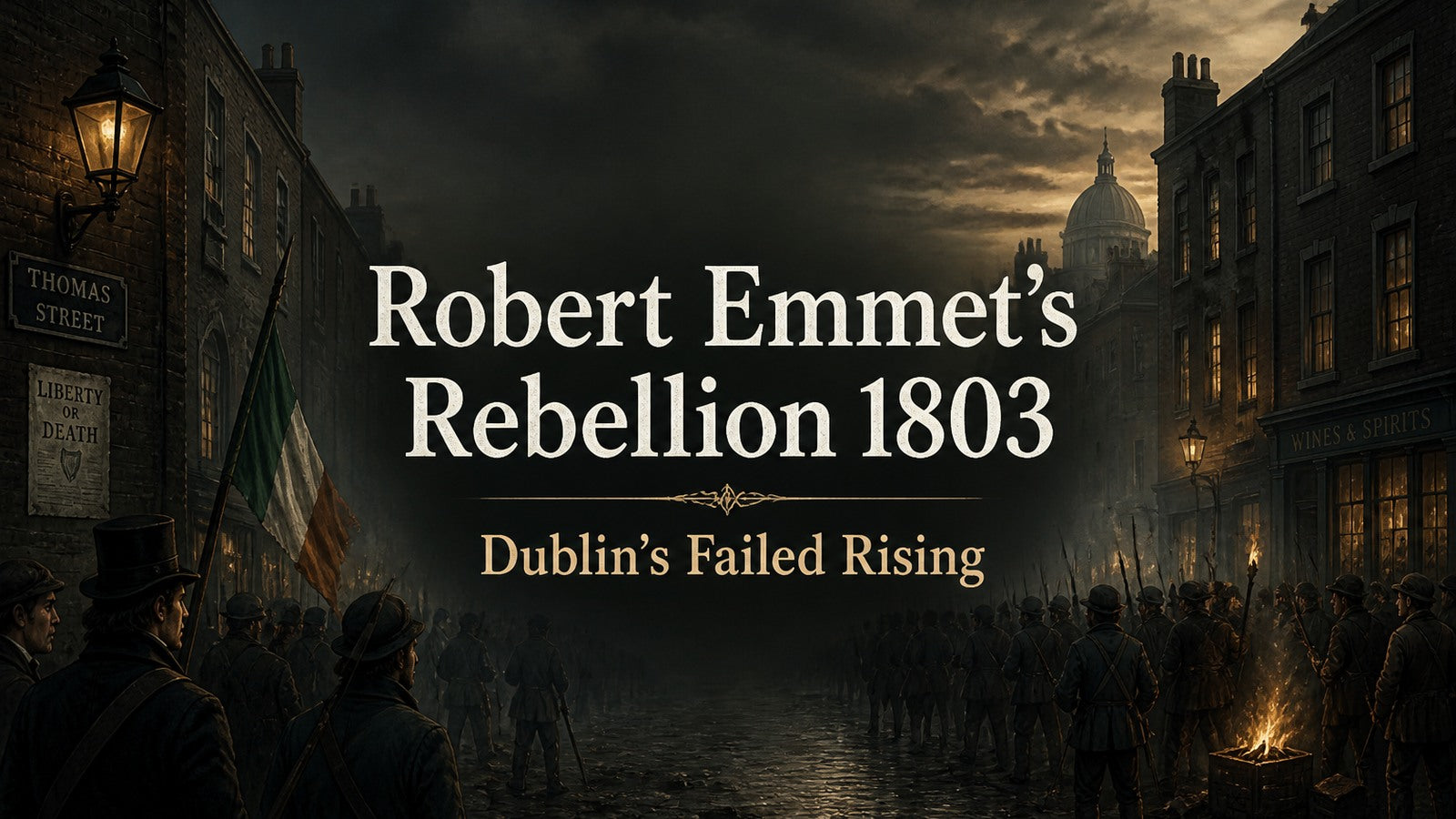 Robert Emmet's 1803 rebellion gathering on Thomas Street in Dublin at dusk