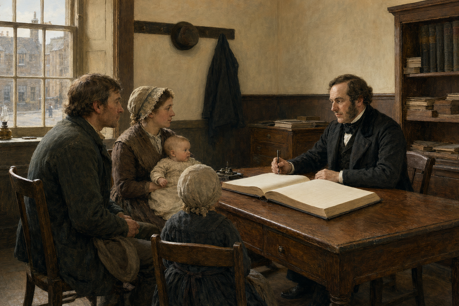 Interpretive illustration of a Scottish family recording a life event with a civil registrar in 1855
