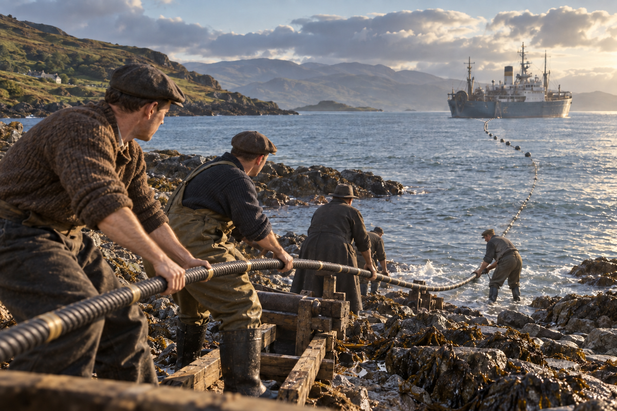 Interpretive reconstruction of TAT-1’s 1956 submarine telephone cable coming ashore near Oban, Scotland