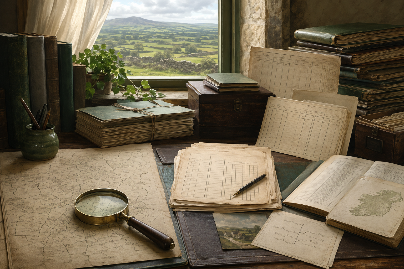 Editorial illustration of an Irish genealogy research desk with maps and archival records
