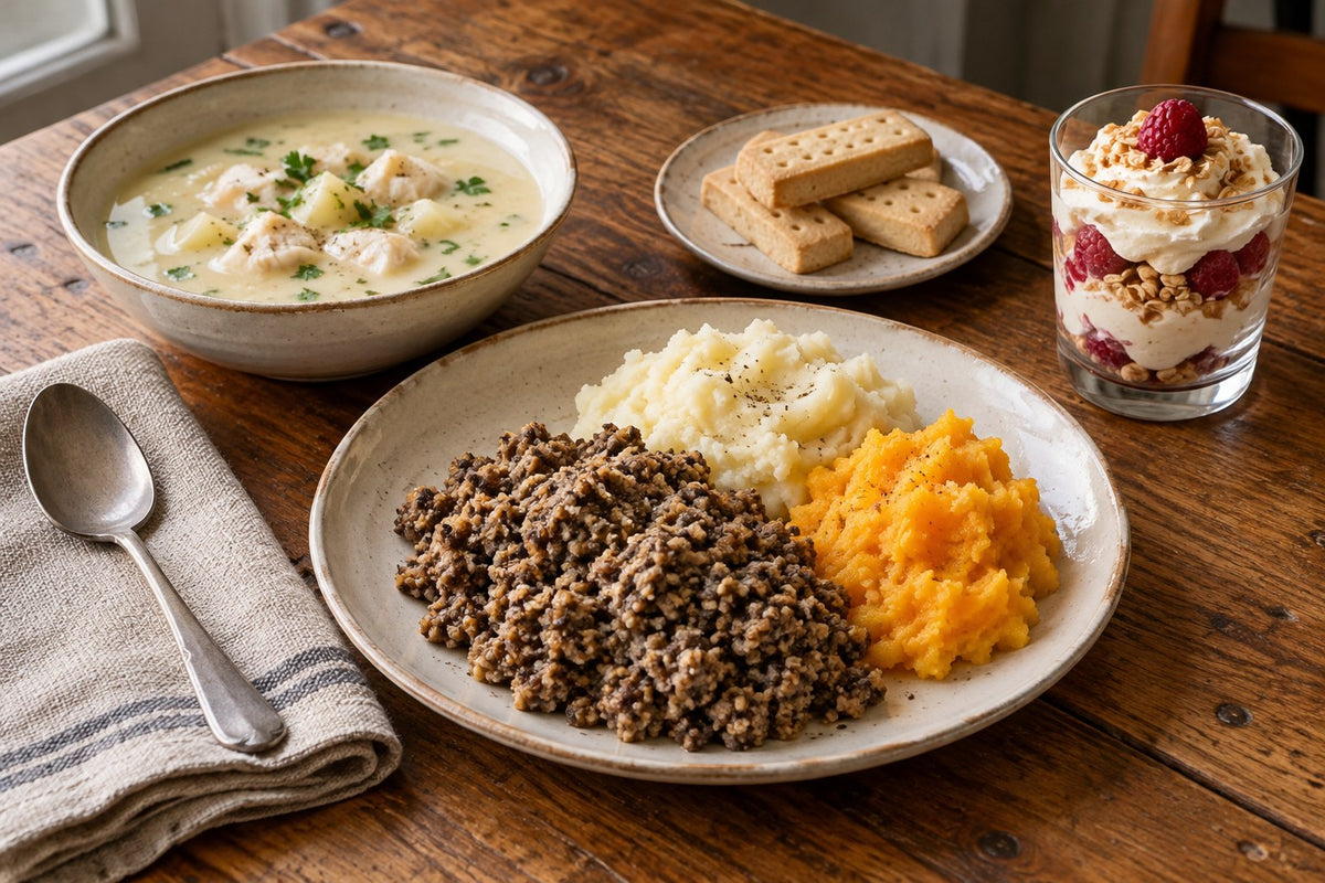 Illustrative Scottish food spread with haggis, neeps and tatties, Cullen skink, shortbread and raspberry cranachan