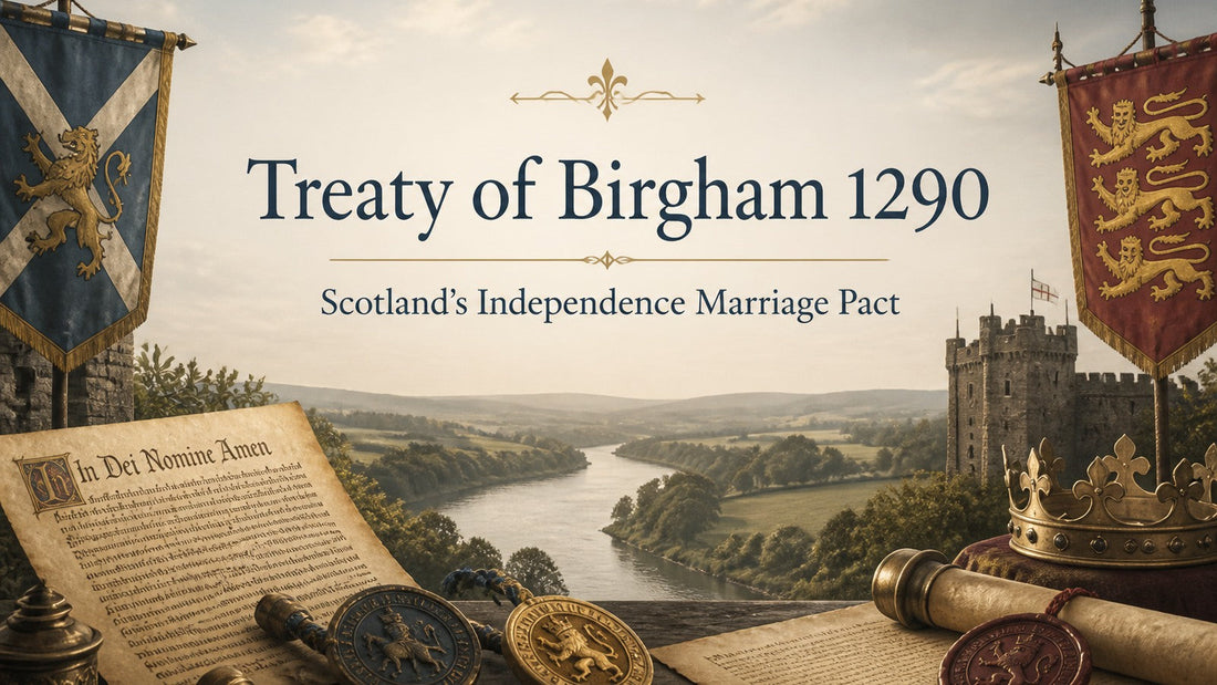Treaty of Birgham 1290 with medieval Scottish and English symbols overlooking the River Tweed