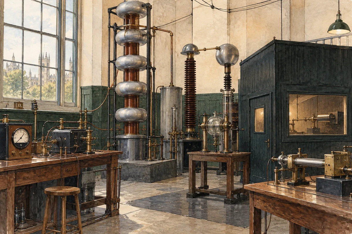 Original interpretive illustration of early accelerator-era laboratory equipment; not an exact reconstruction