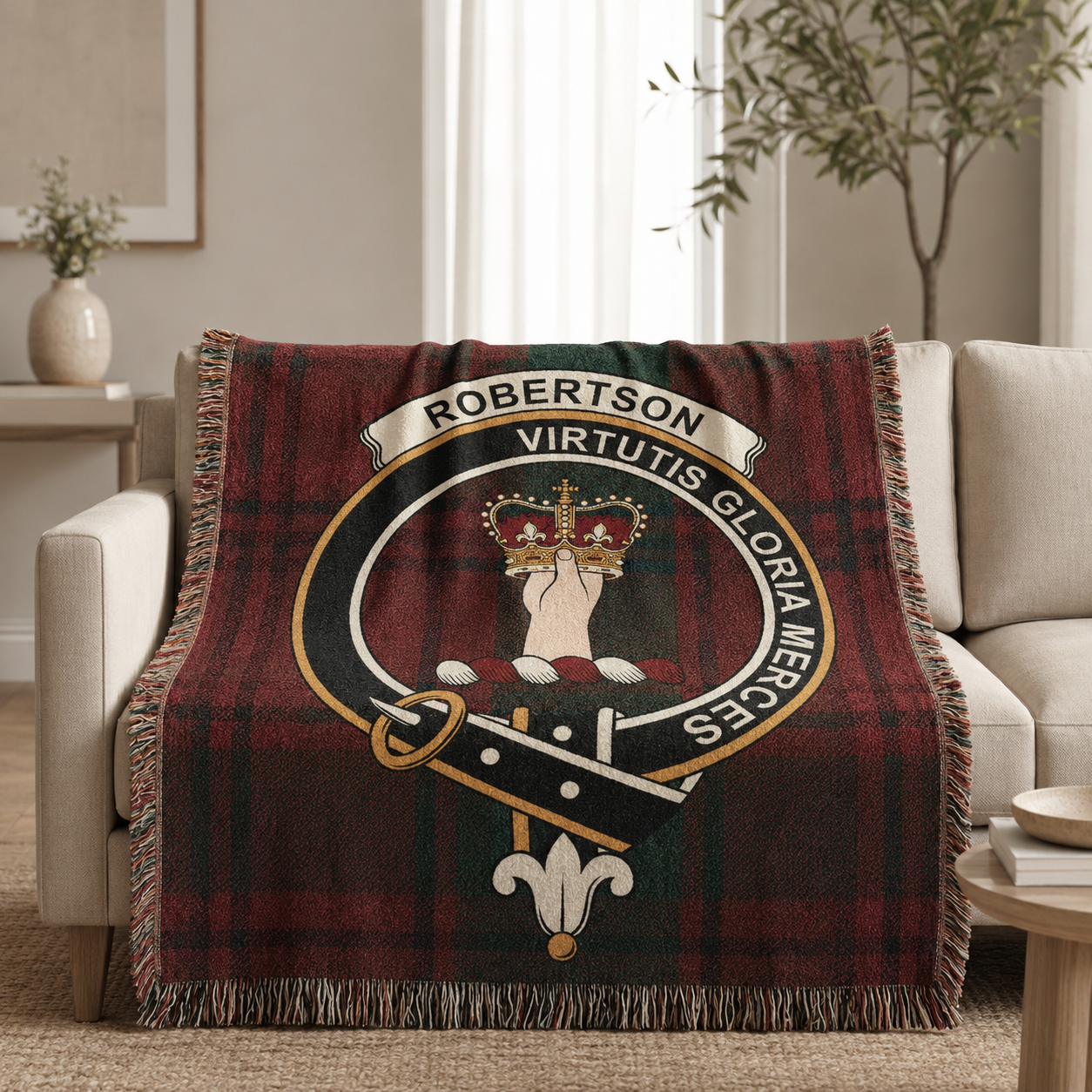 Scottish clan blankets with clan crest and tartan designs for ancestry gifts and home decor