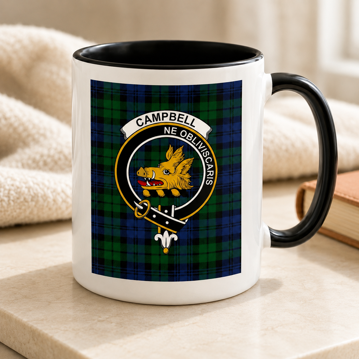 Scottish clan mugs featuring clan crest and tartan designs for ancestry gifts and morning coffee
