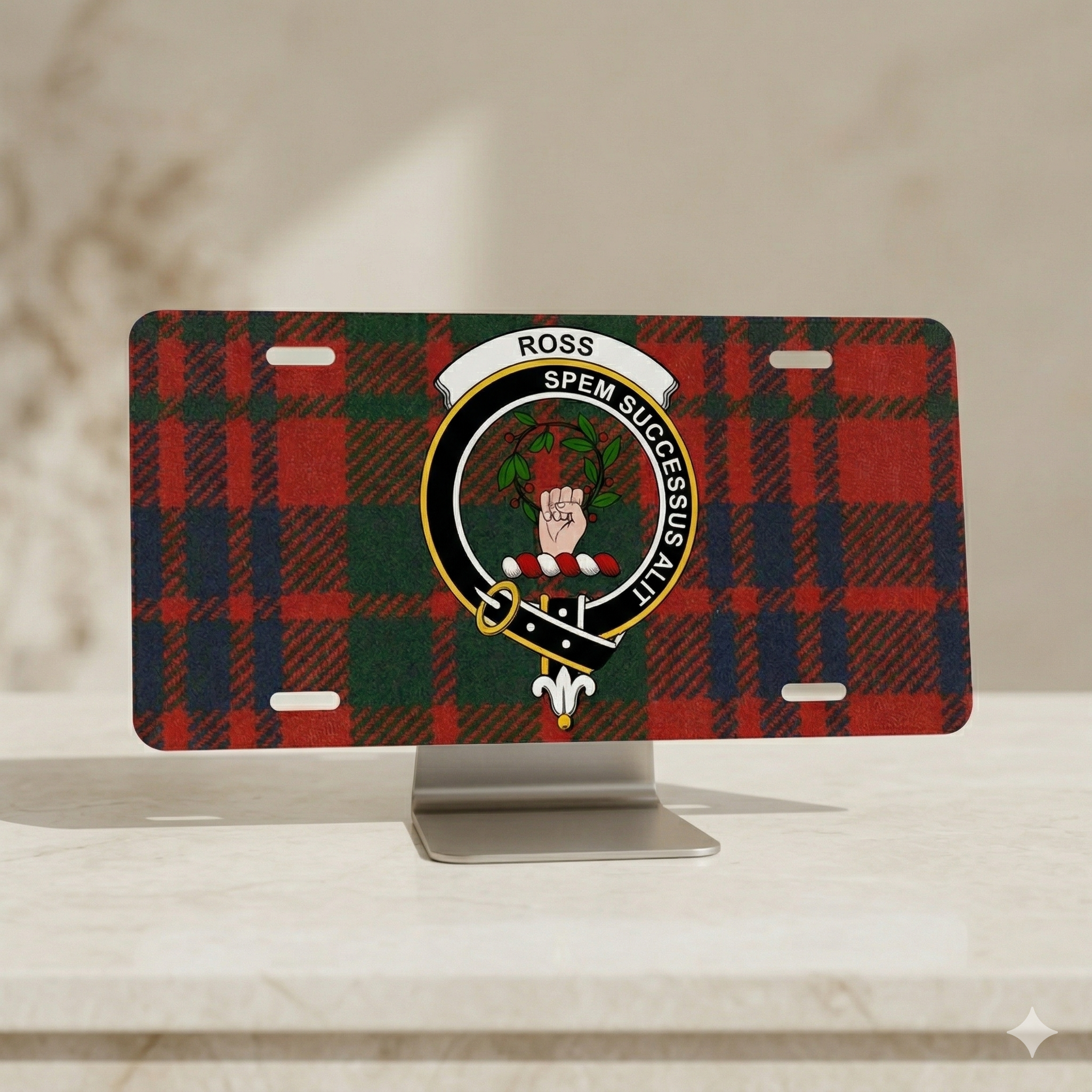 Scottish and Irish clan novelty license plate displayed in a clean premium product setting with soft natural light.