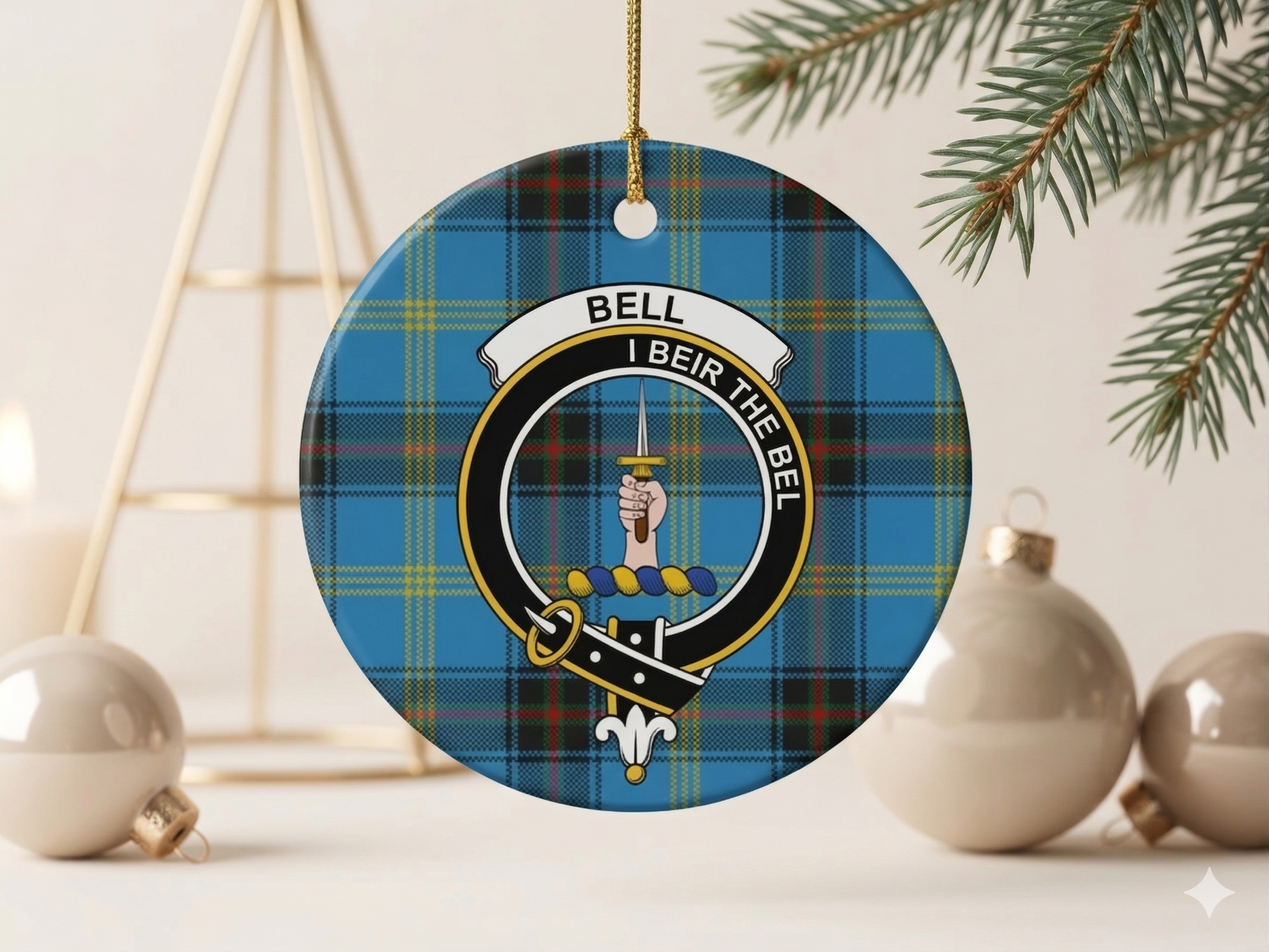 Scottish and Irish clan ornament displayed in a clean premium holiday setting with soft light and minimal décor.