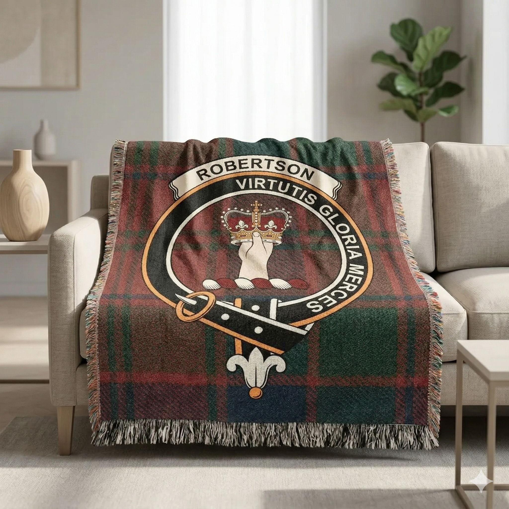 Scottish and Irish clan crest woven blanket draped over a neutral sofa in a bright upscale living room.