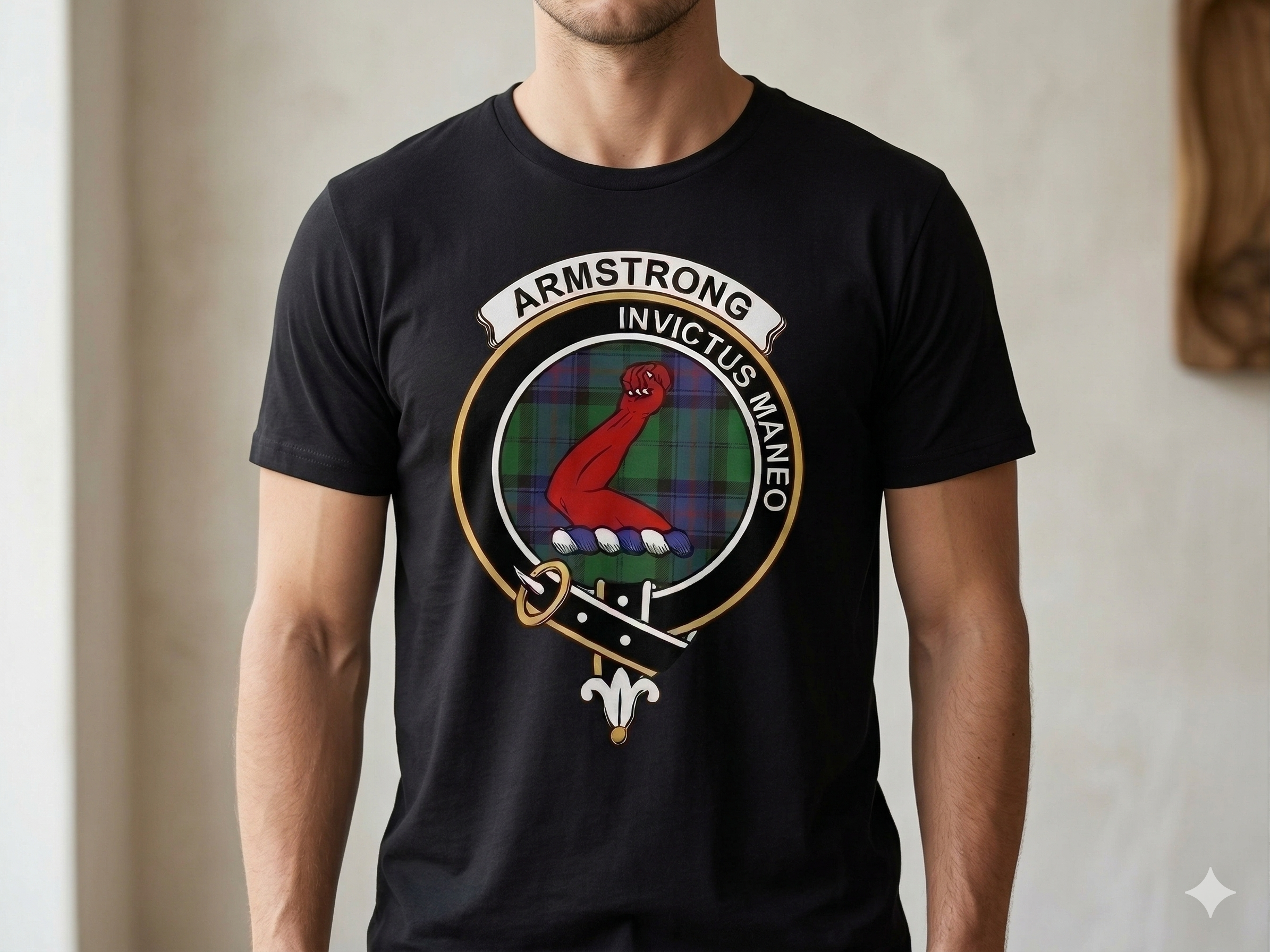 Scottish and Irish clan crest t-shirt shown on a model in a soft neutral setting with natural light.