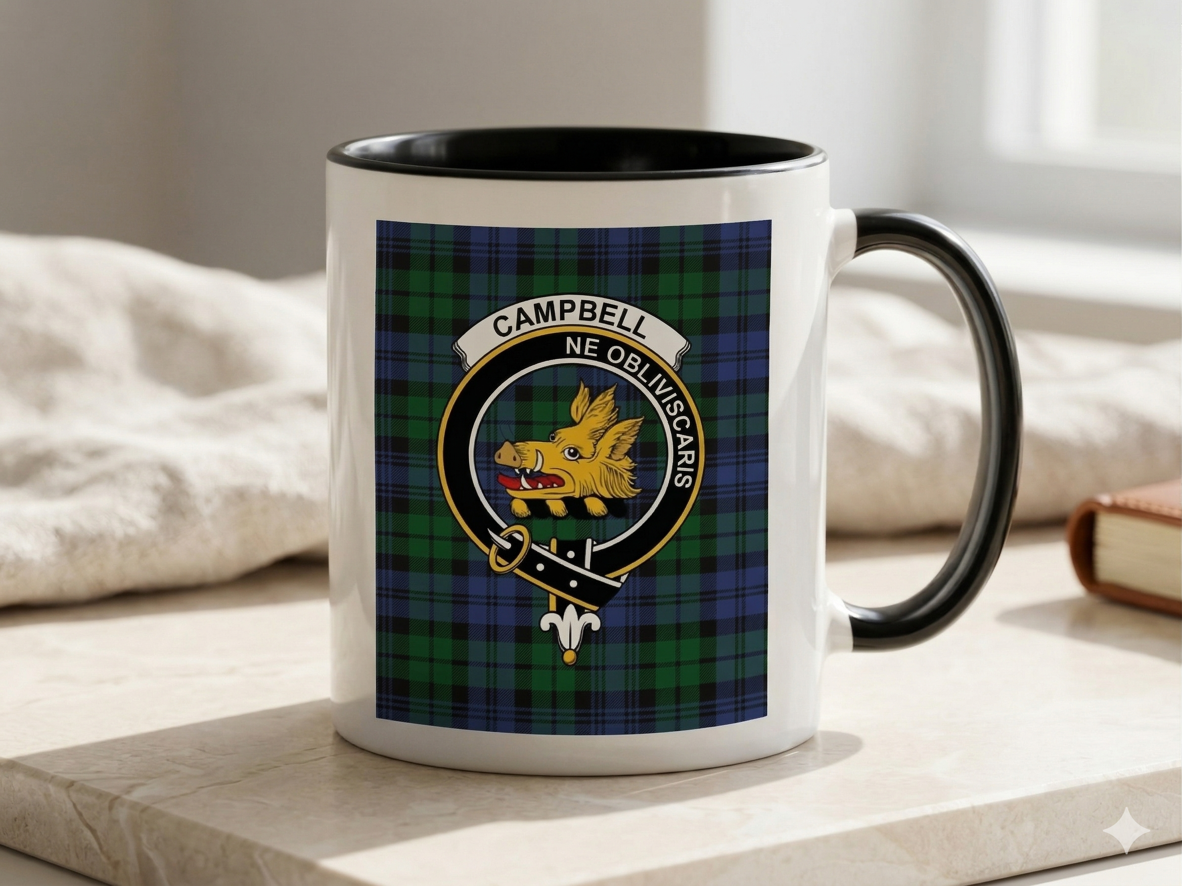 Campbell clan crest mug on a soft neutral stone surface with natural light and a blurred cozy background.