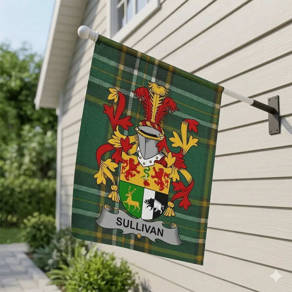 Irish heritage flags featuring custom surname emblem designs for Irish family names, gardens and home decor