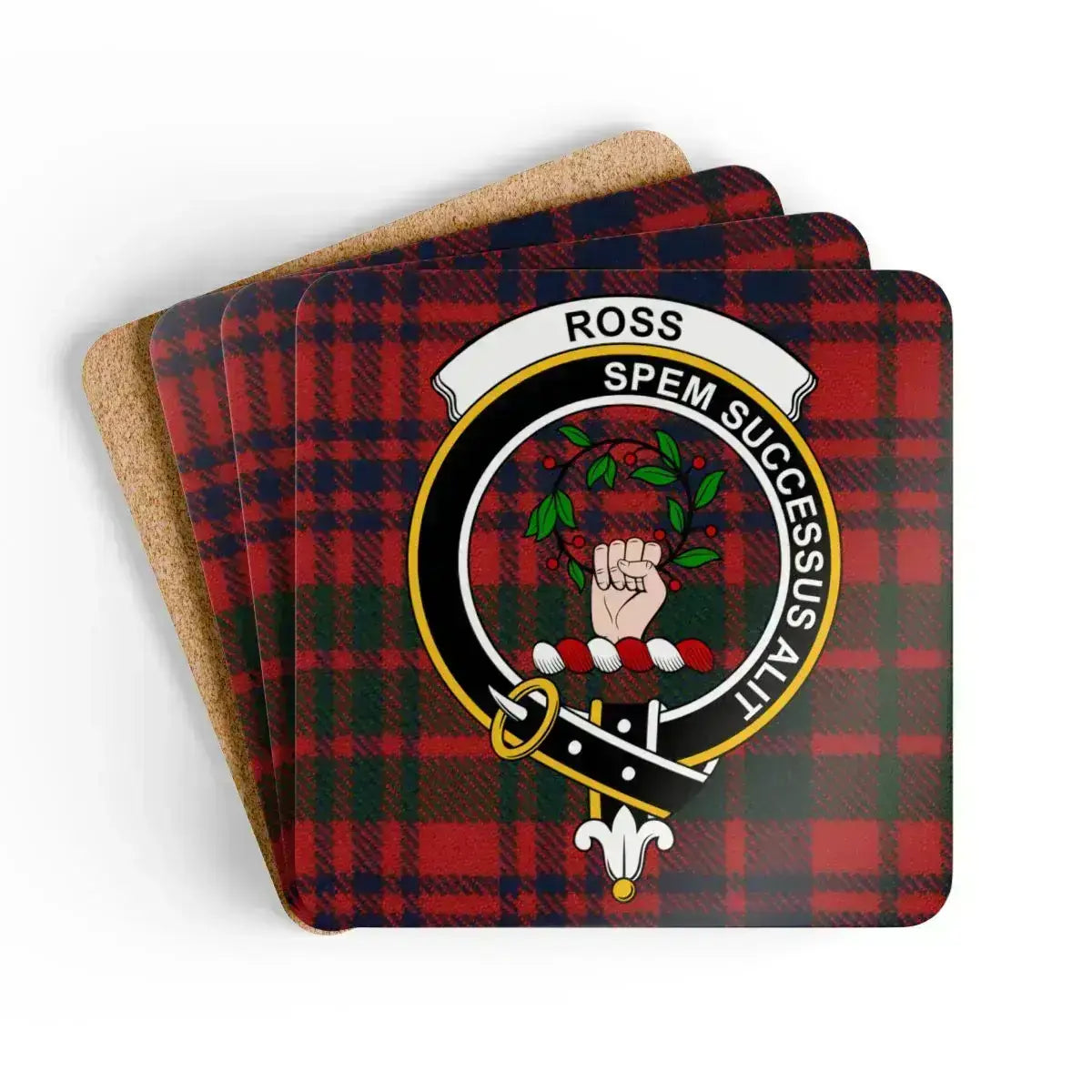 Scottish clan tartan cork coaster sets — 3.75 inch square with clan crest and tartan design