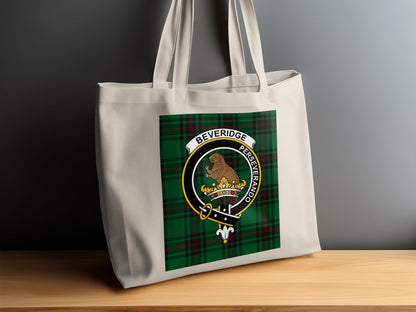 Beveridge Clan Crest on Green Scottish Tartan Tote Bag - Living Stone Gifts