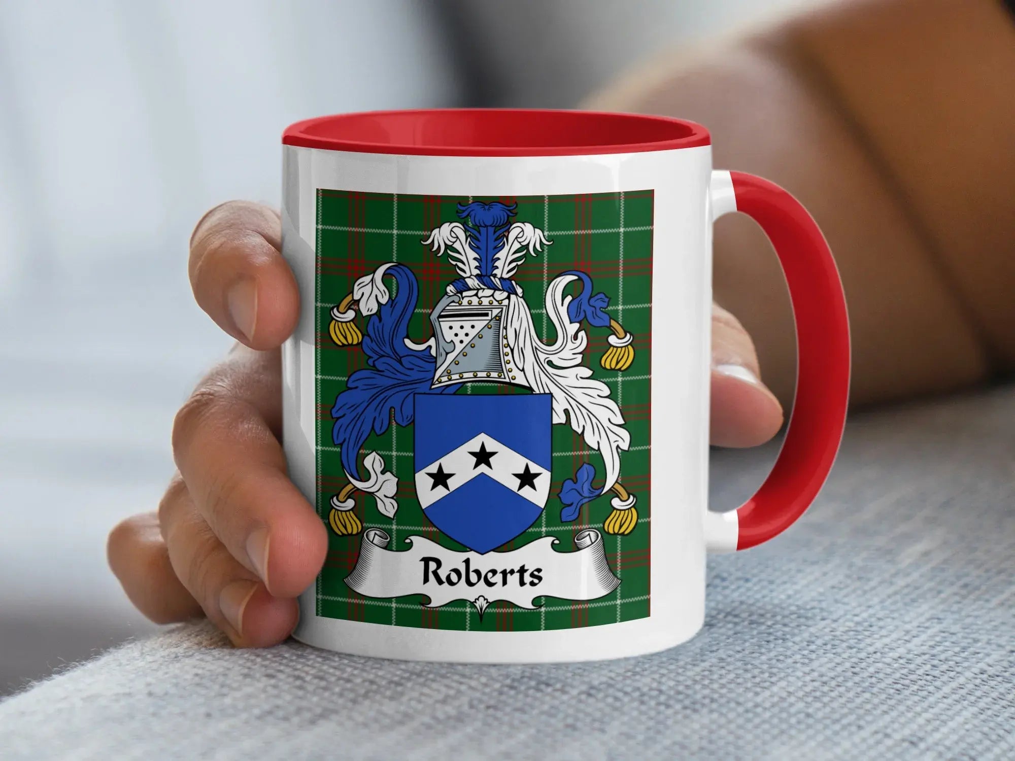 Roberts Welsh tartan accent mug with red handle and family crest