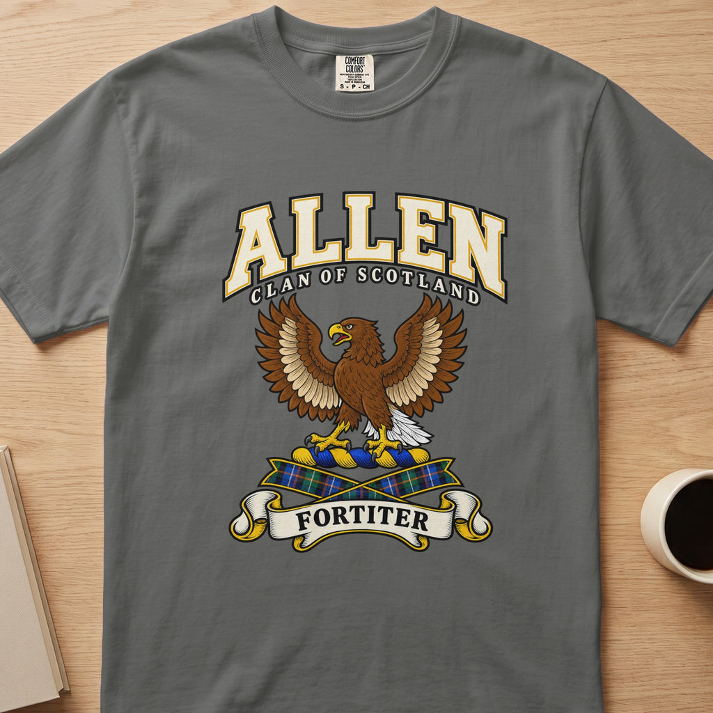Allen clan T-shirt in gray, front view with brown eagle with spread wings
