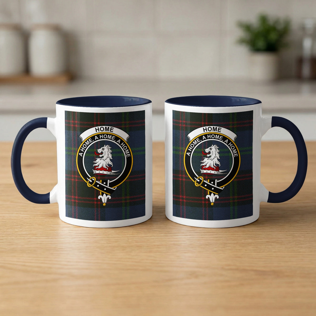 Pair of Home Scottish clan crest 11 oz mugs with navy accents and a tartan background
