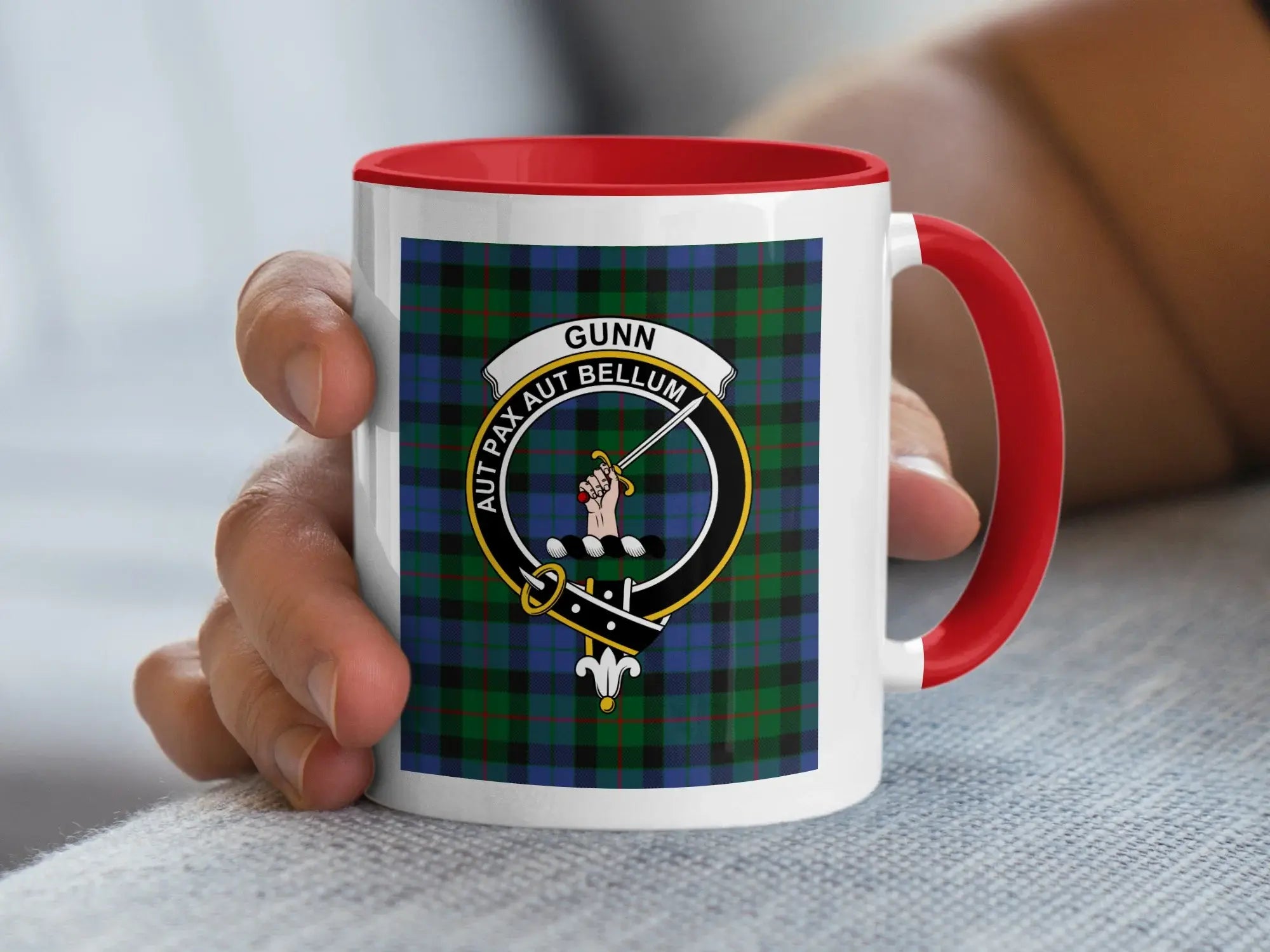 Gunn clan crest tartan design coffee mug — navy handle and interior, 11oz ceramic