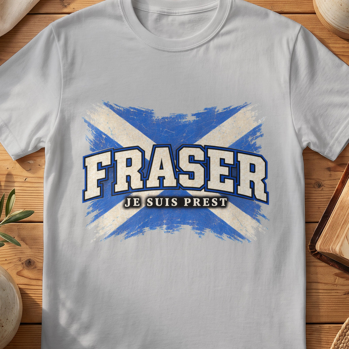 Fraser Scottish Saltire T-shirt in Sport Grey, with distressed blue and cream flag and “Je Suis Prest” lettering.