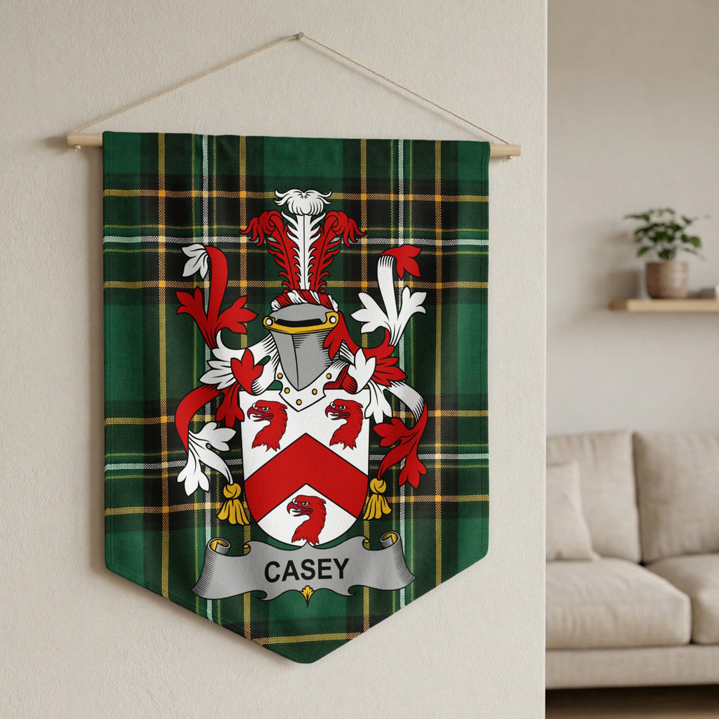 Casey family crest on a green tartan pennant banner hanging on a wall.