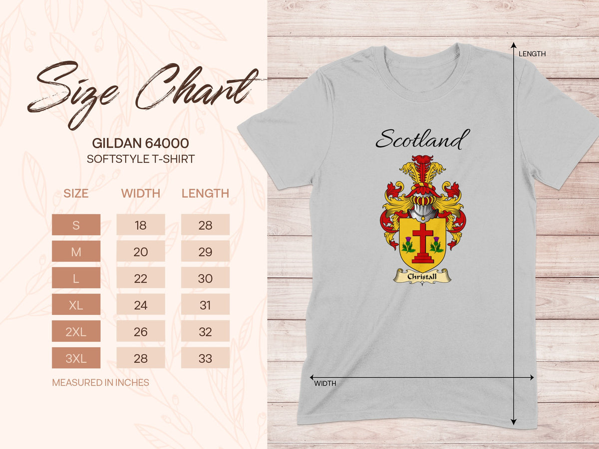Gildan 64000 size chart for the Christall unisex T-shirt, sizes S to 3XL