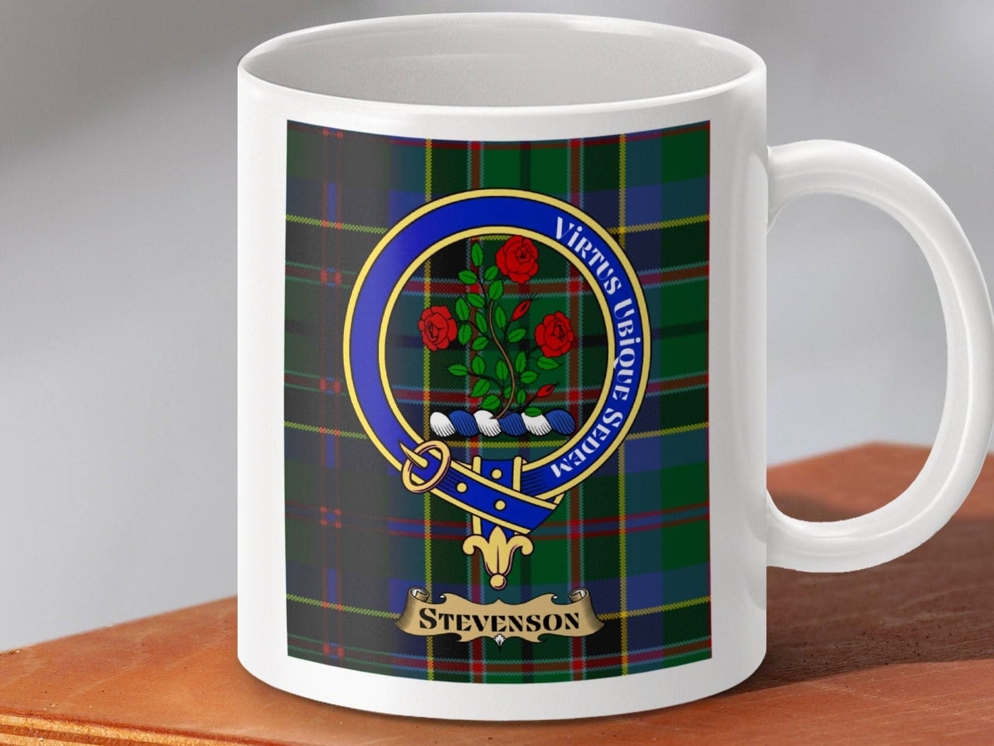 Stevenson Family Crest on Tartan Background Mug product