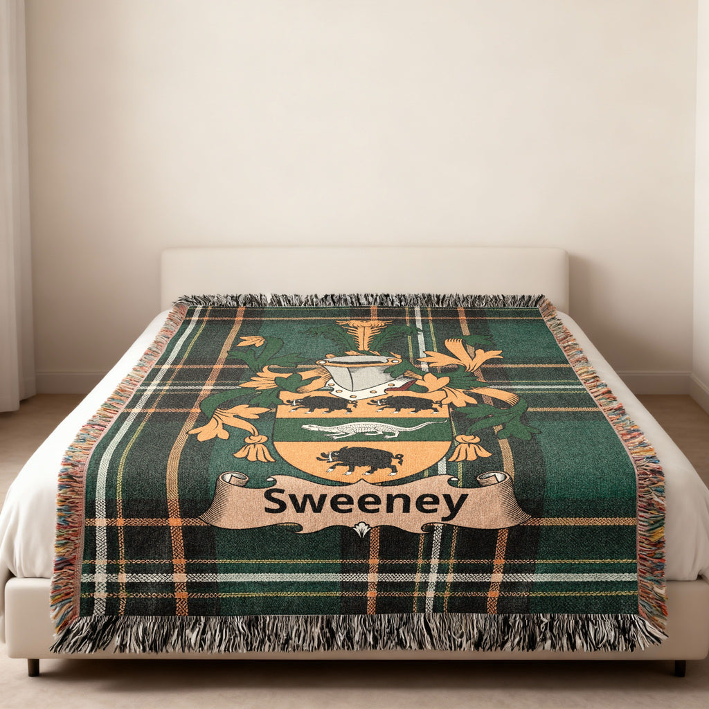 Sweeney family crest emblem blanket displayed as home decor