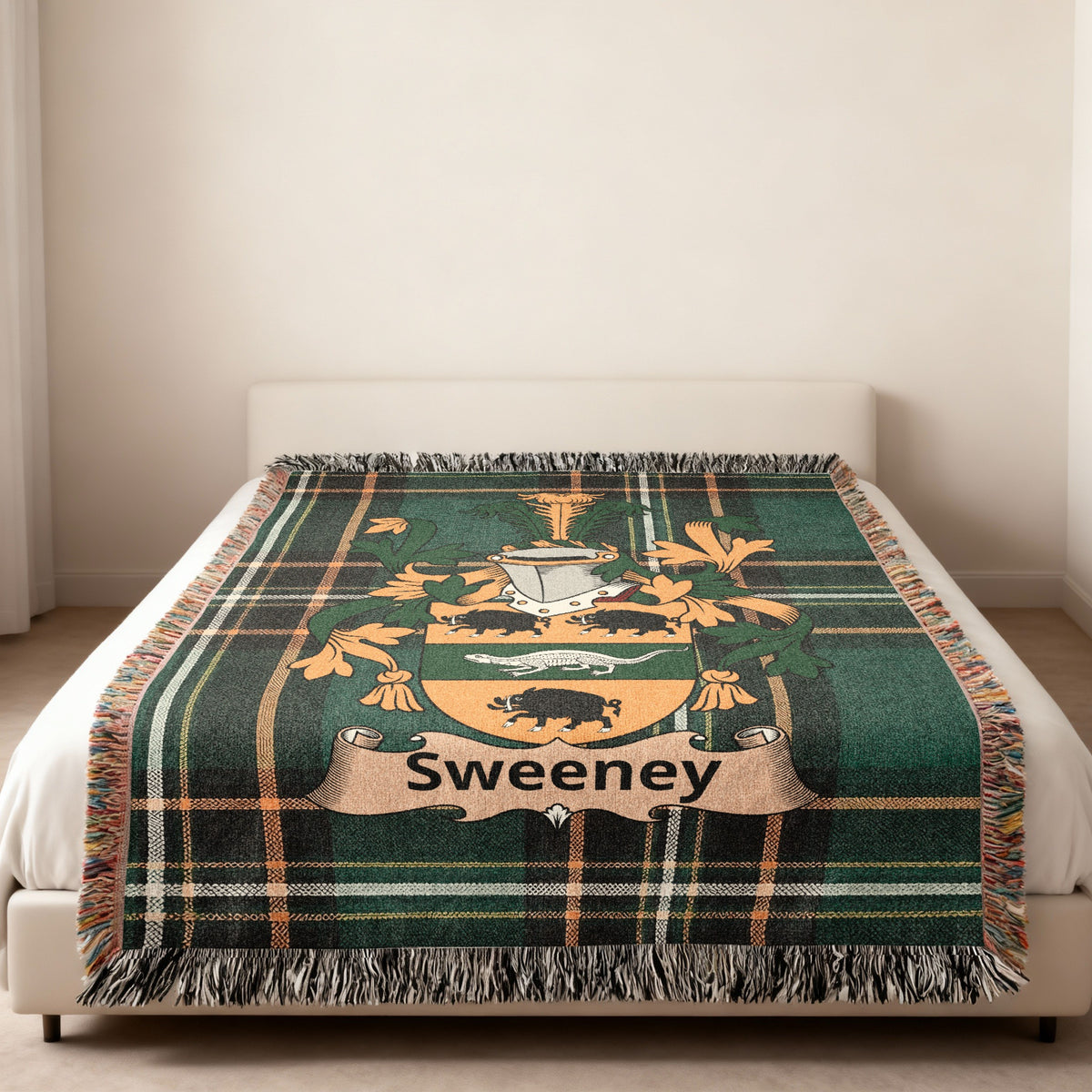 Sweeney family crest emblem blanket displayed as home decor