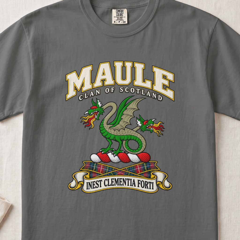 Maule Scottish clan T-shirt in Pepper, front view with a green two-headed winged dragon and motto design.